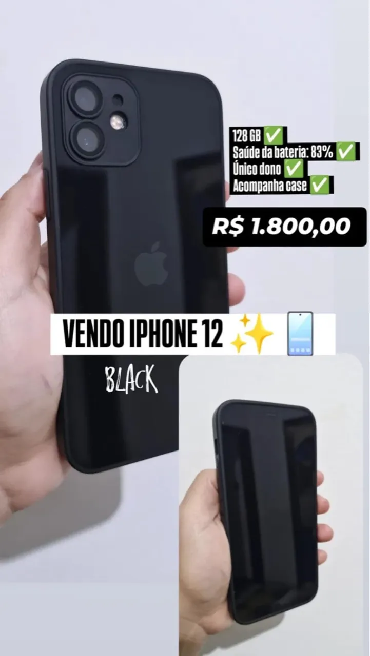 iPhone 12 Black 128GB - Saúde 83% - Único Dono