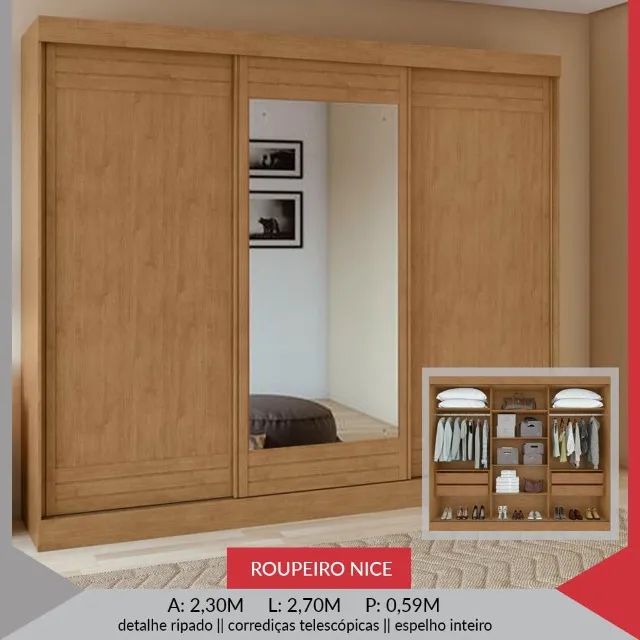 Guarda roupa nice, 3 portas de correr, com espelho e pés - Foto 2