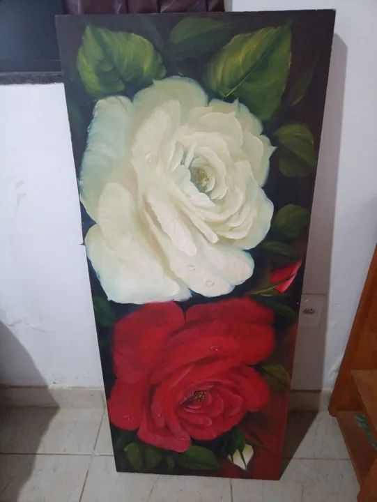 Quadro Pintura a óleo com rosas brancas e vermelhas - Foto 3