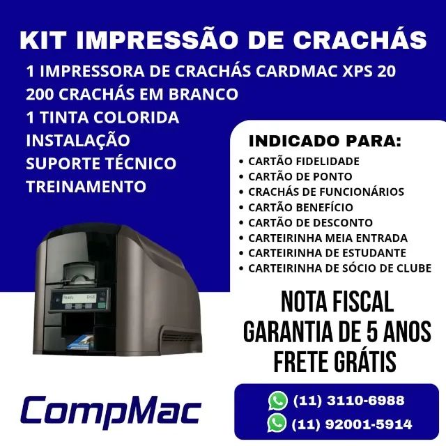 Impressora de Crachá de Funcionário Cartão de Ponto CardMac XPS 20 Cartões Crachás PVC