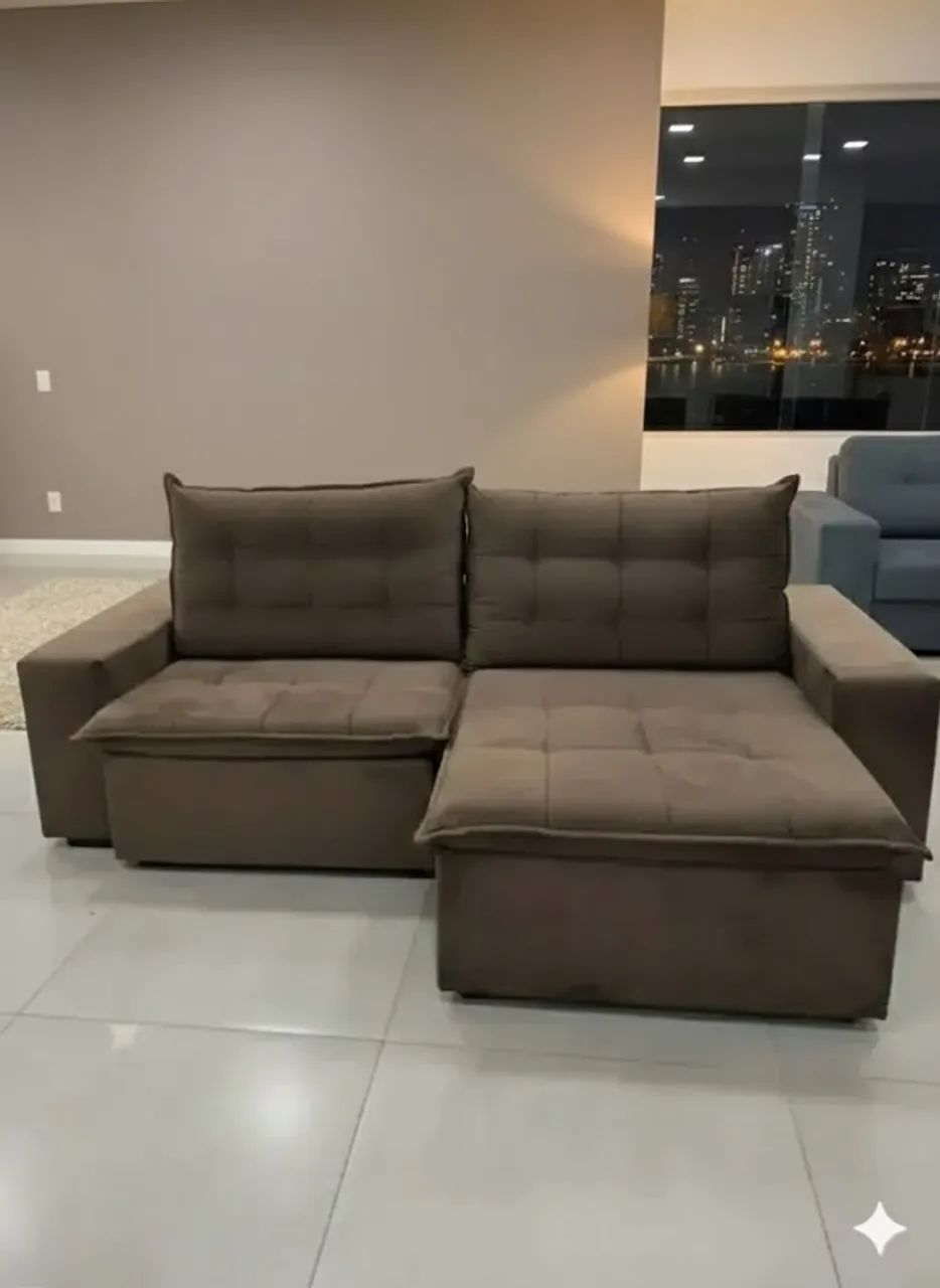 Sofá retratil e reclinavel elegante marrom veludo