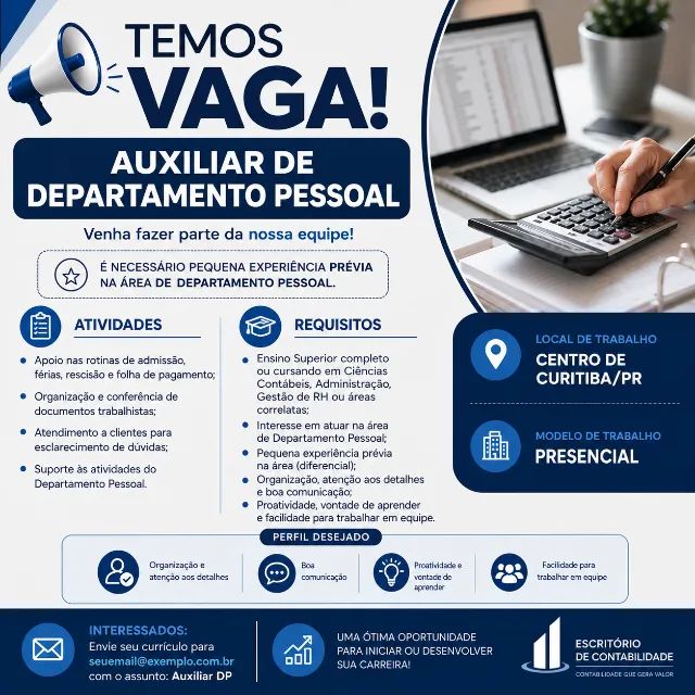 Vaga: Assistente de DP (Escritório de contabilidade)