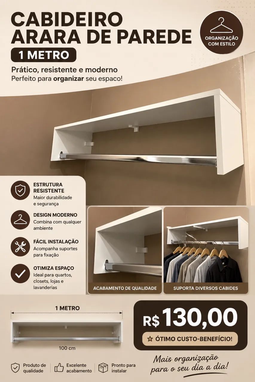? Cabideiro Arara de Parede 1 Metro MDF