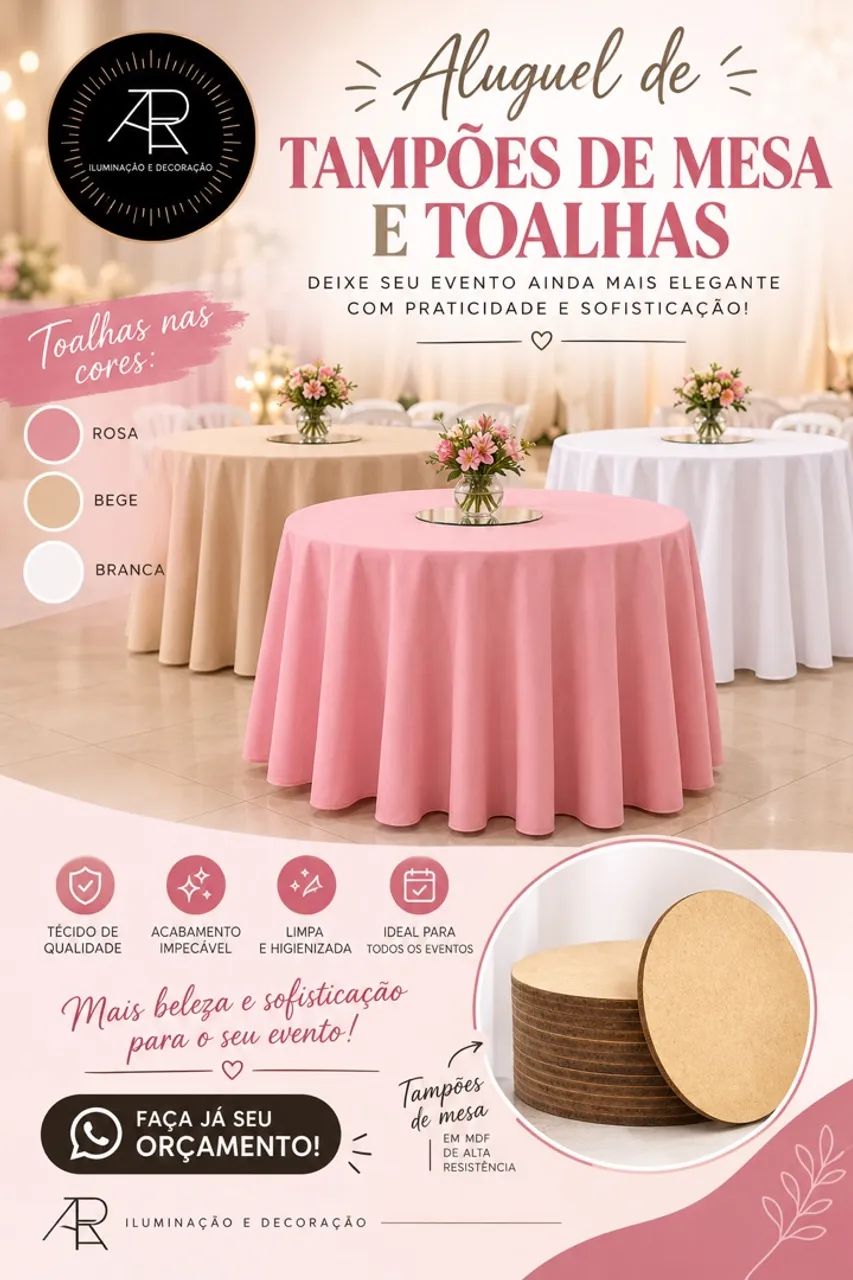 Aluguel de tampões de mesa e toalhas 