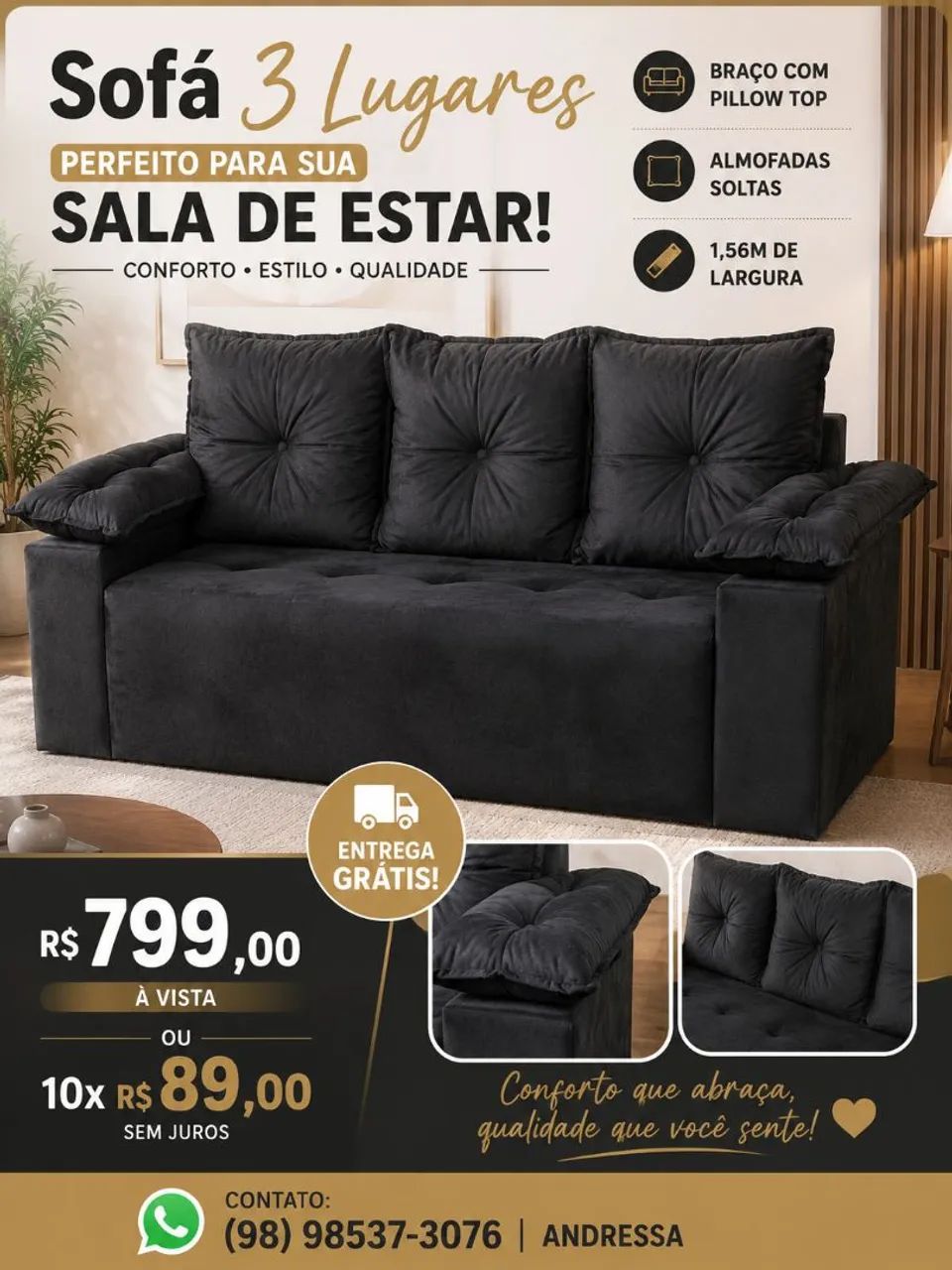 Sofá preto 3 lugares entrega grátis 