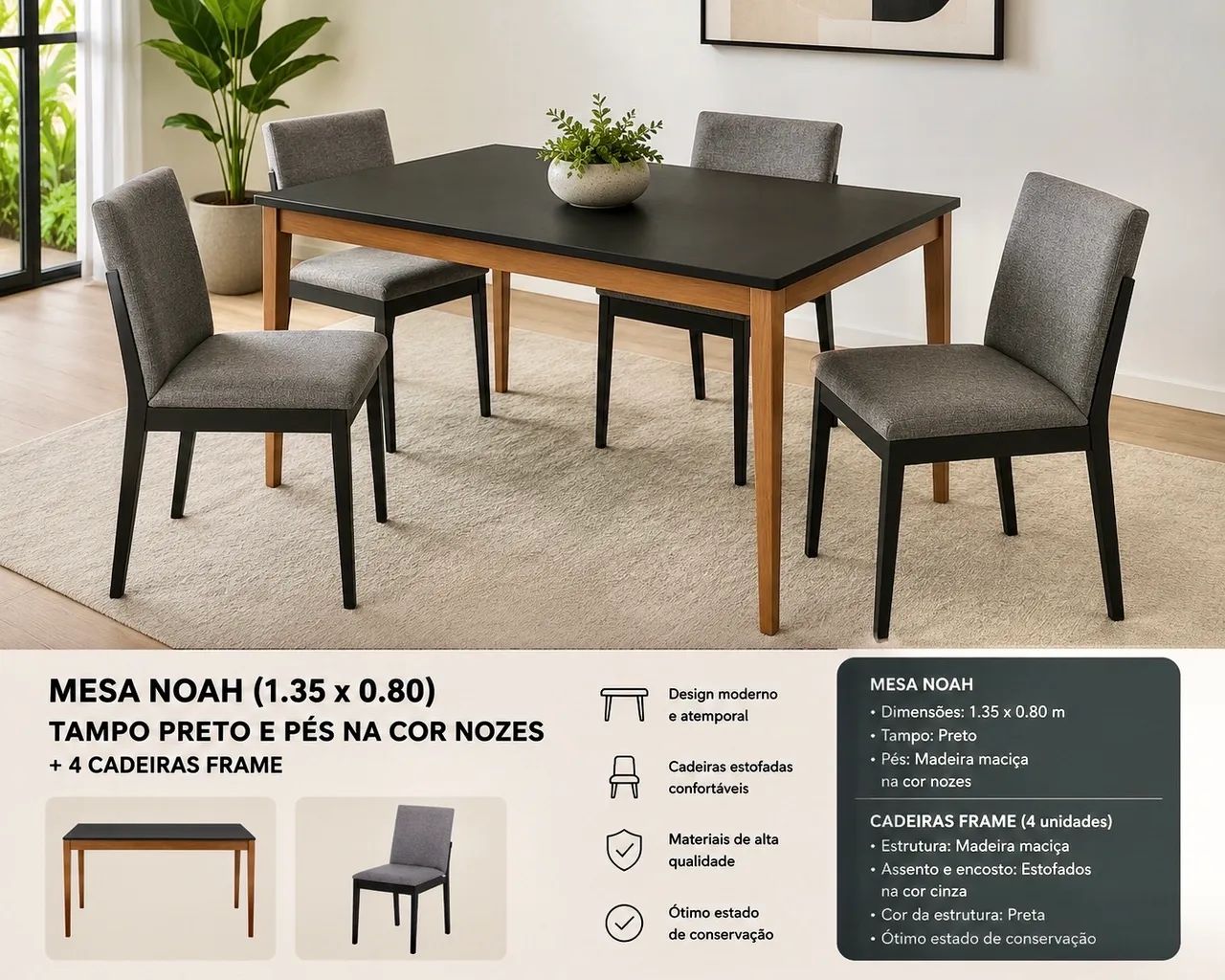 Conjunto Mesa Noah + 4 cadeiras  Frame Tok & Stok - Foto 3