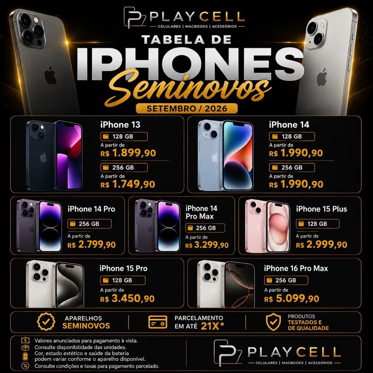iPhone seminovos 13 ao 16 pro Max 