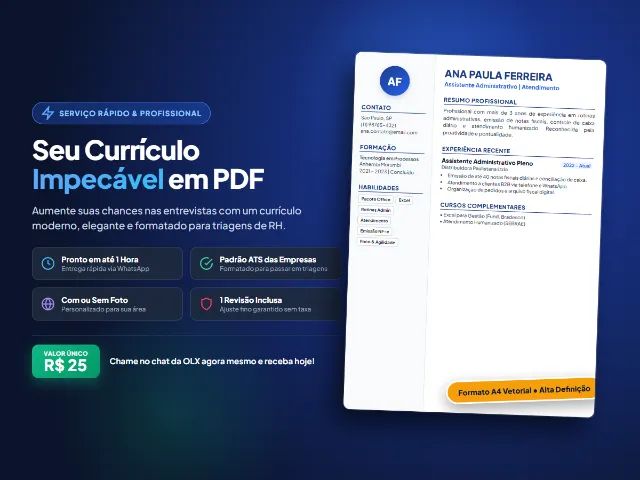 Currículo para emprego em PDF - pronto em 1 hora | R$25