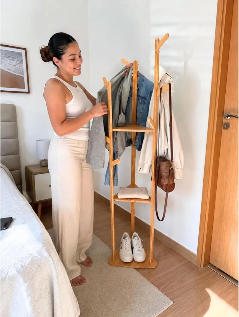 Cabideiro Mancebo de Chão em Bambu 168cm com Prateleiras - Foto 4