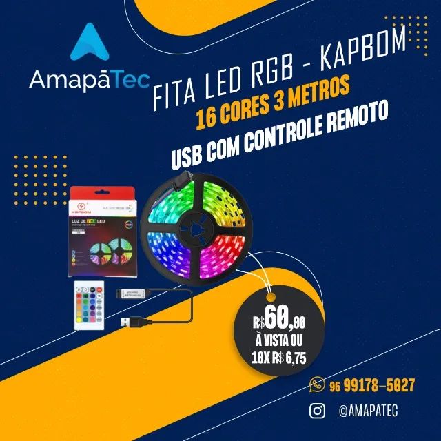 Fita Led RGB 16 Cores 3 Metros USB com Controle Remoto Kapbom