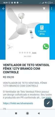 VENTILADOR DE TETO VENTISOL FENIX 127 COM CONTROLE .