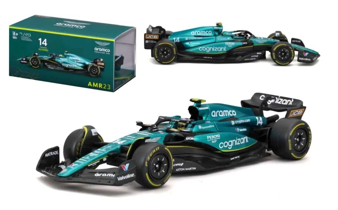 1:43 F1 2023 Aston Martin AMR23 #14 Com Piloto Fernando Alonso Metal Burago Novo Lacrado