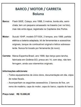 BARCO 5M, MOTOR Suzuki 15 HP Eletrico, CARRETA - Foto 2