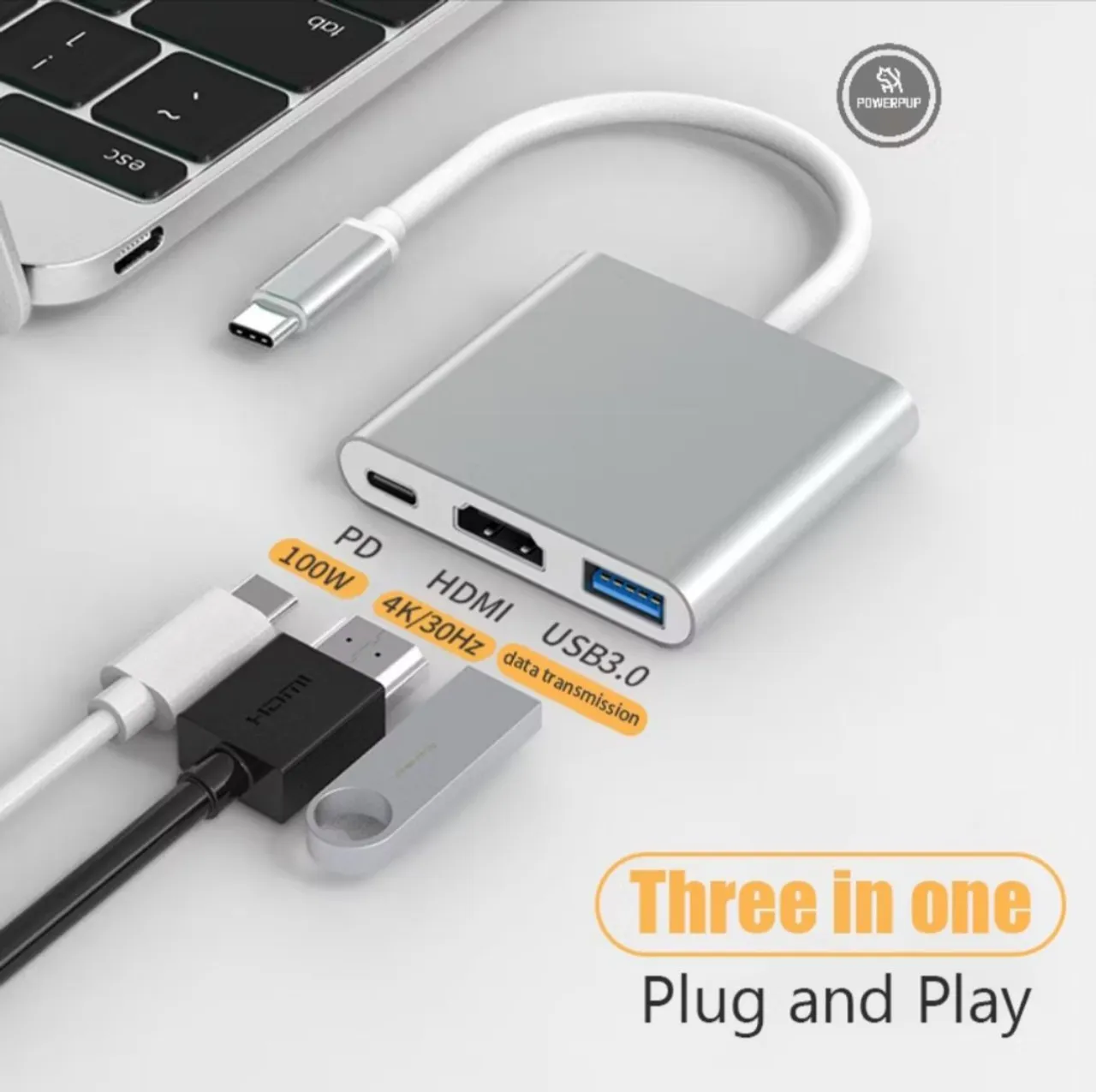 Adaptador Tipo C para HDMI, USB e PD - 3 em 1