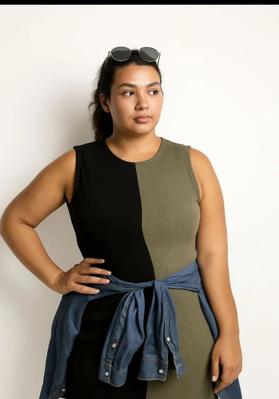 Vestido preto e verde canelado midi tm 40/42