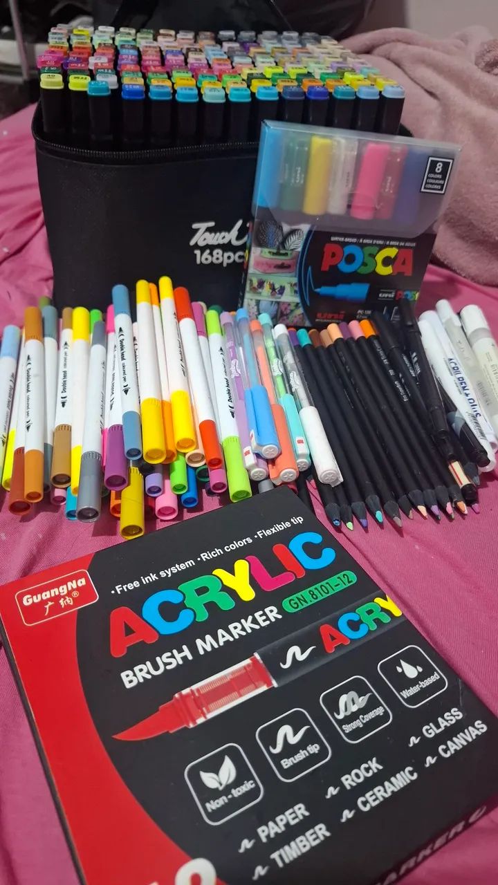 Kit touch 168pcs + 8 posca+12 acrylic +24 Lápis de cor faber castell +45 marca texto - Foto 5