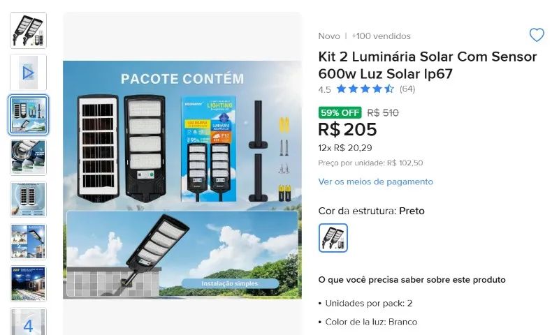 Kit 2 Luminária Solar Com Sensor 600w Luz Solar Ip67 - Foto 2
