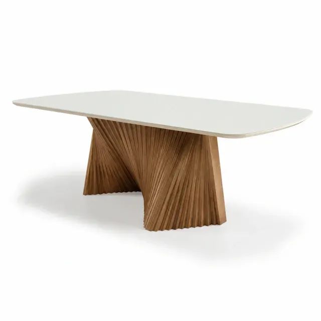 Conjunto de Mesa Lyon com Base Ripada em Madeira Maciça com Cadeiras Âmbar - Foto 2