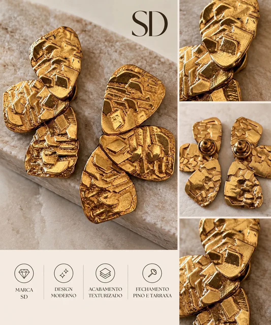 Brinco SD Dourado - Design Escultural e Texturizado