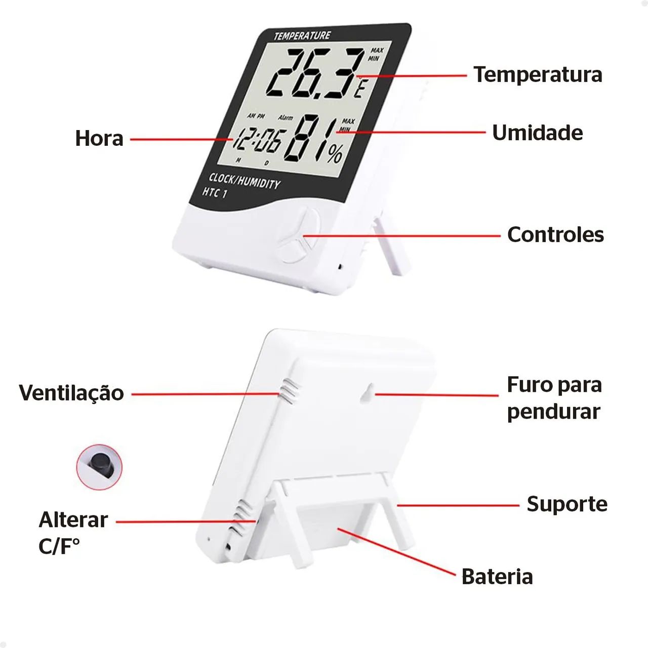 Termômetro Digital HTC-1 com Relógio e Higrômetro - Foto 4