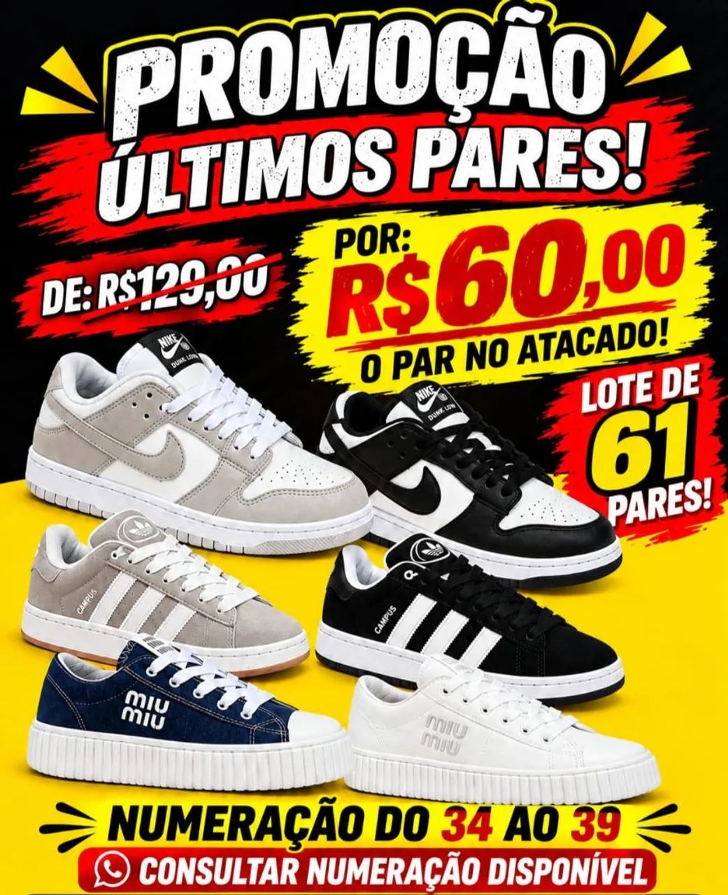 Lote de 61 pares de tênis 