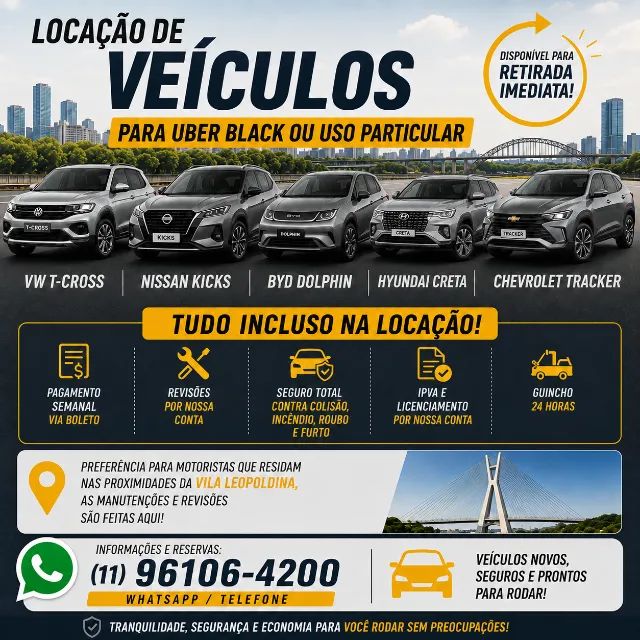 Locação de veículos para Uber black/99/Indrive