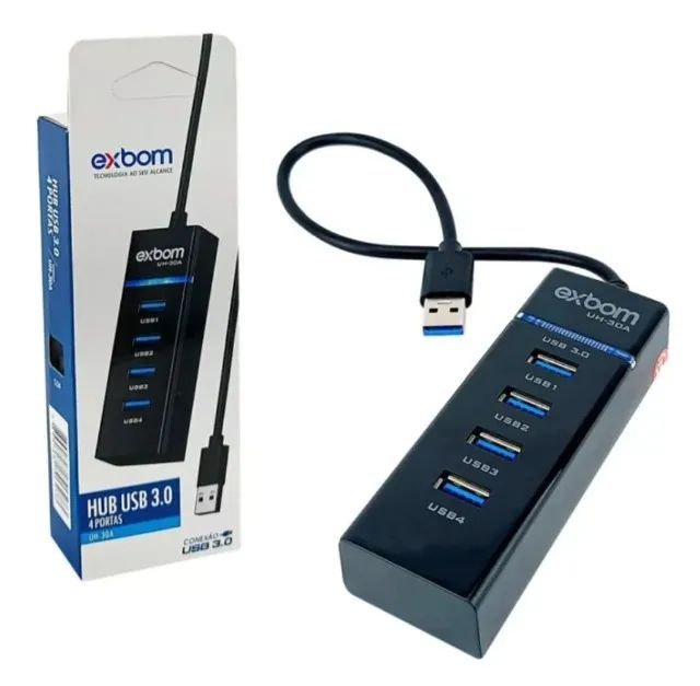 HUB USB 3.0 4 Portas, Com LED, 5.0GB/s, Exbom, Preto
