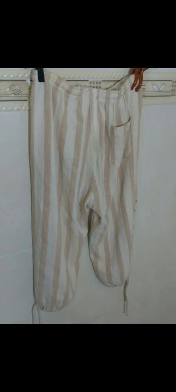 Calça de linho branca listrada - Foto 5