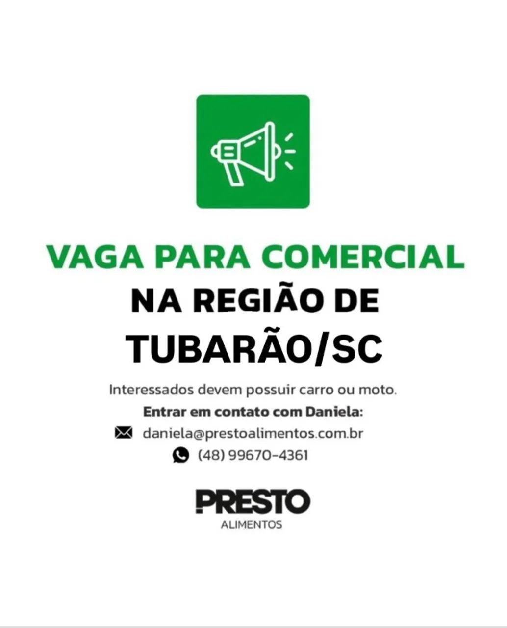 Vaga para Representante Comercial.