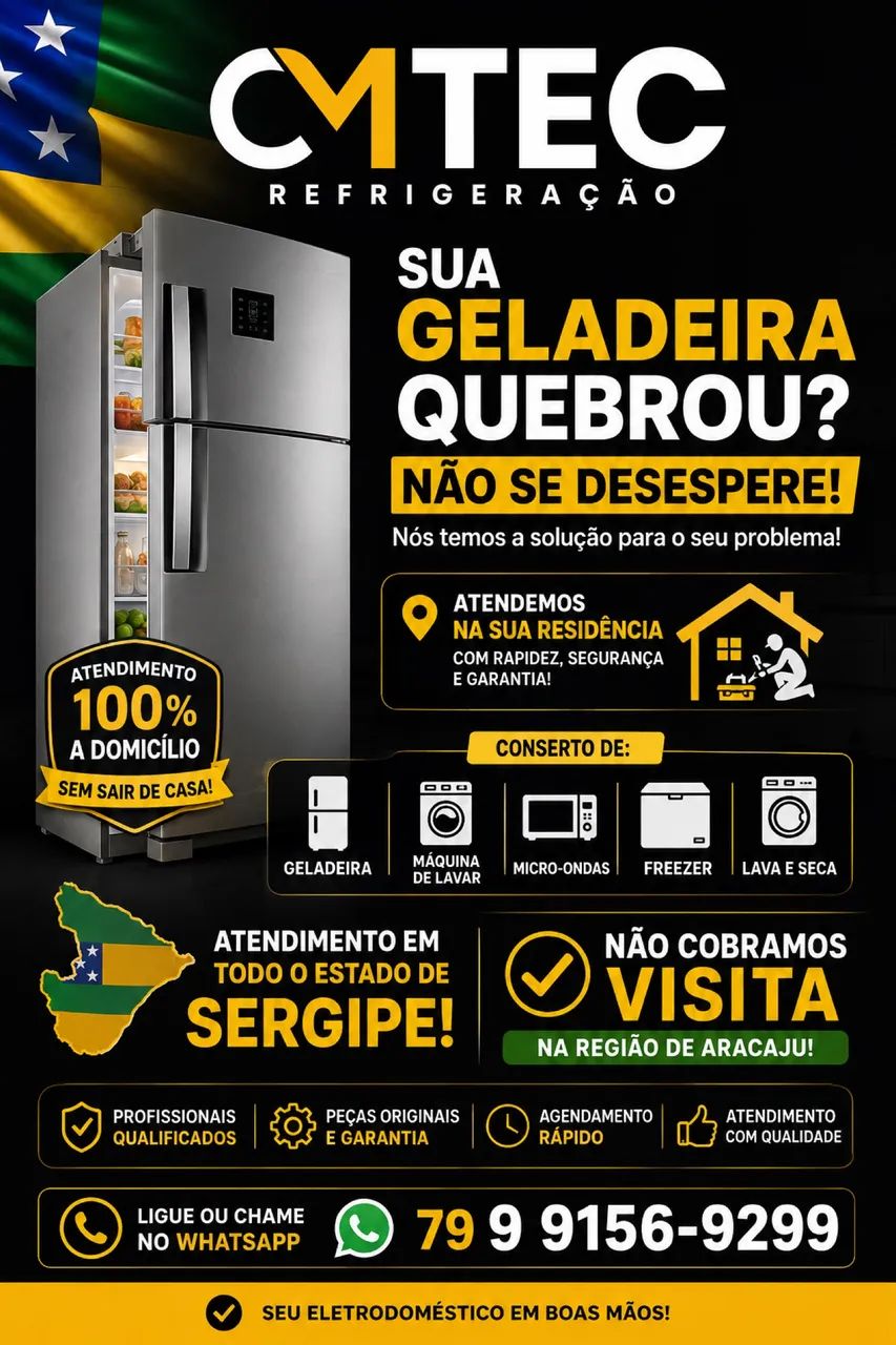 Técnico e Conserto de Geladeira, Máquina de Lavar Roupas, Lava e Seca e Microondas.