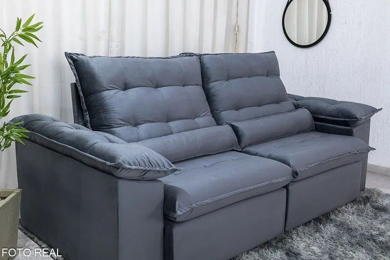 Sofá Retrátil 3 Lugares 230cm Molas Bonnel D28 Veludo Cinza  - Foto 2