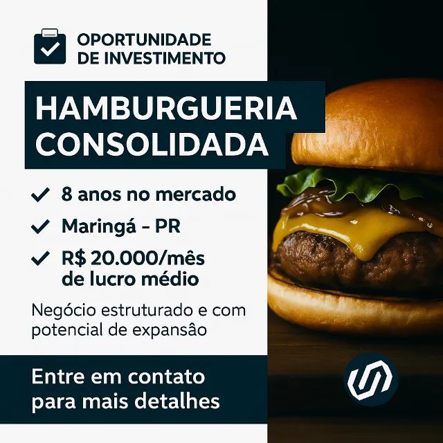 Hamburgueria consolidada à venda - Lucro médio de R$ 20 mil/mês