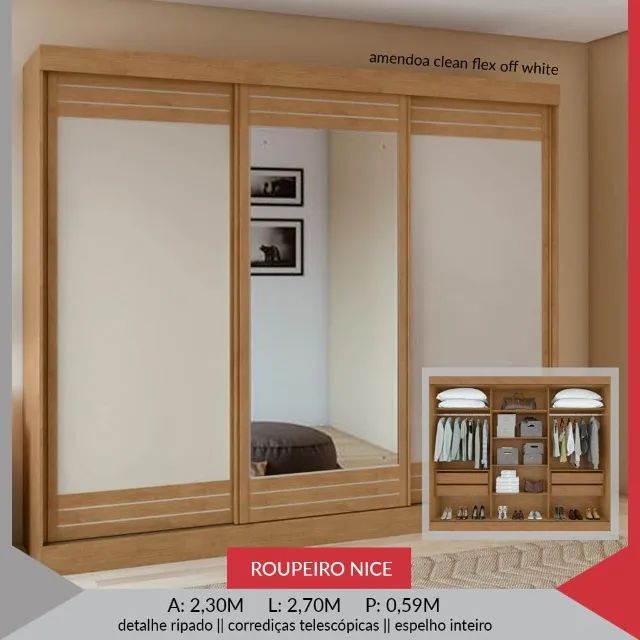 Guarda roupa nice, 3 portas de correr, com espelho e pés