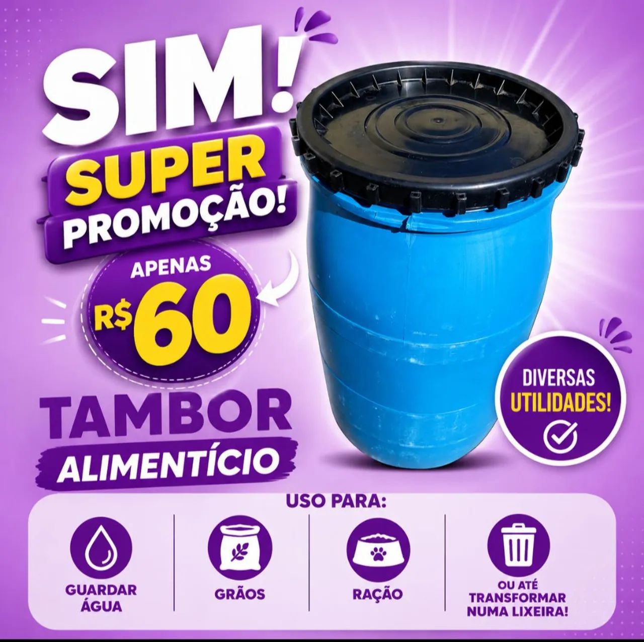 Bombona plástica 80 litros para água milho ração - Área Externa