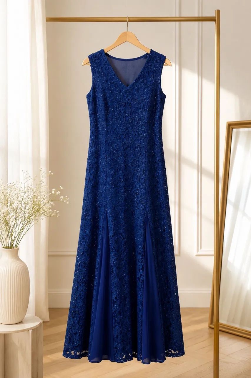Vestido Longo Azul Royal em Renda