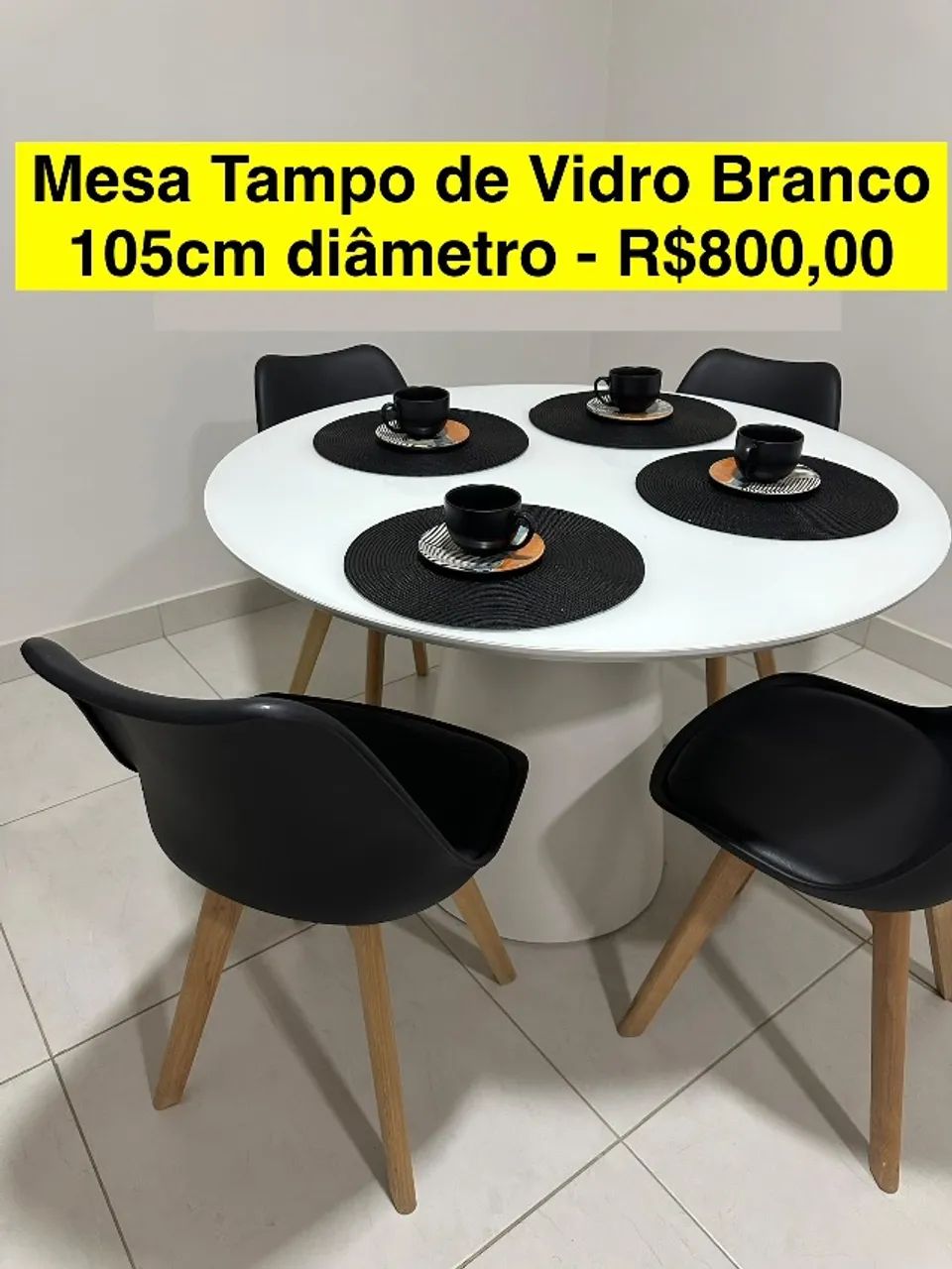 Mesa Tampo de Vidro Branco Resistente 105cm