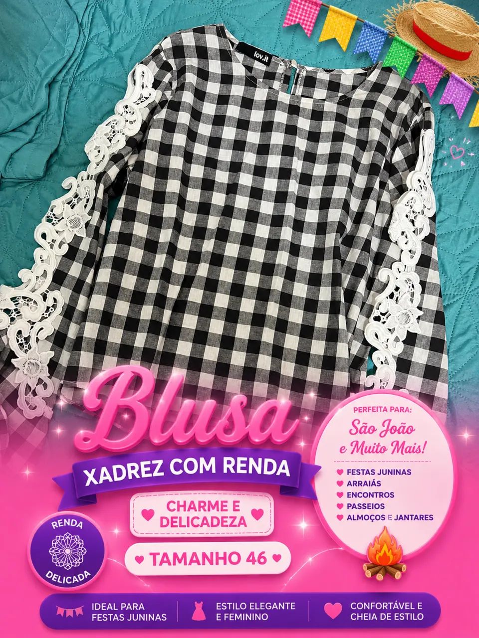 Blusa manga longa xadrez com renda tamanho 46 
