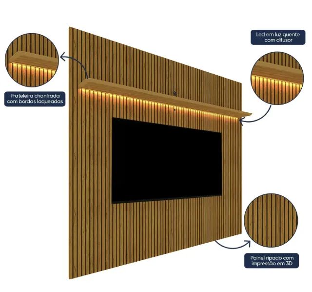 Painel Ripado para TV até 90 Polegadas com LED 100% MDF 224CMX250CM - Foto 3