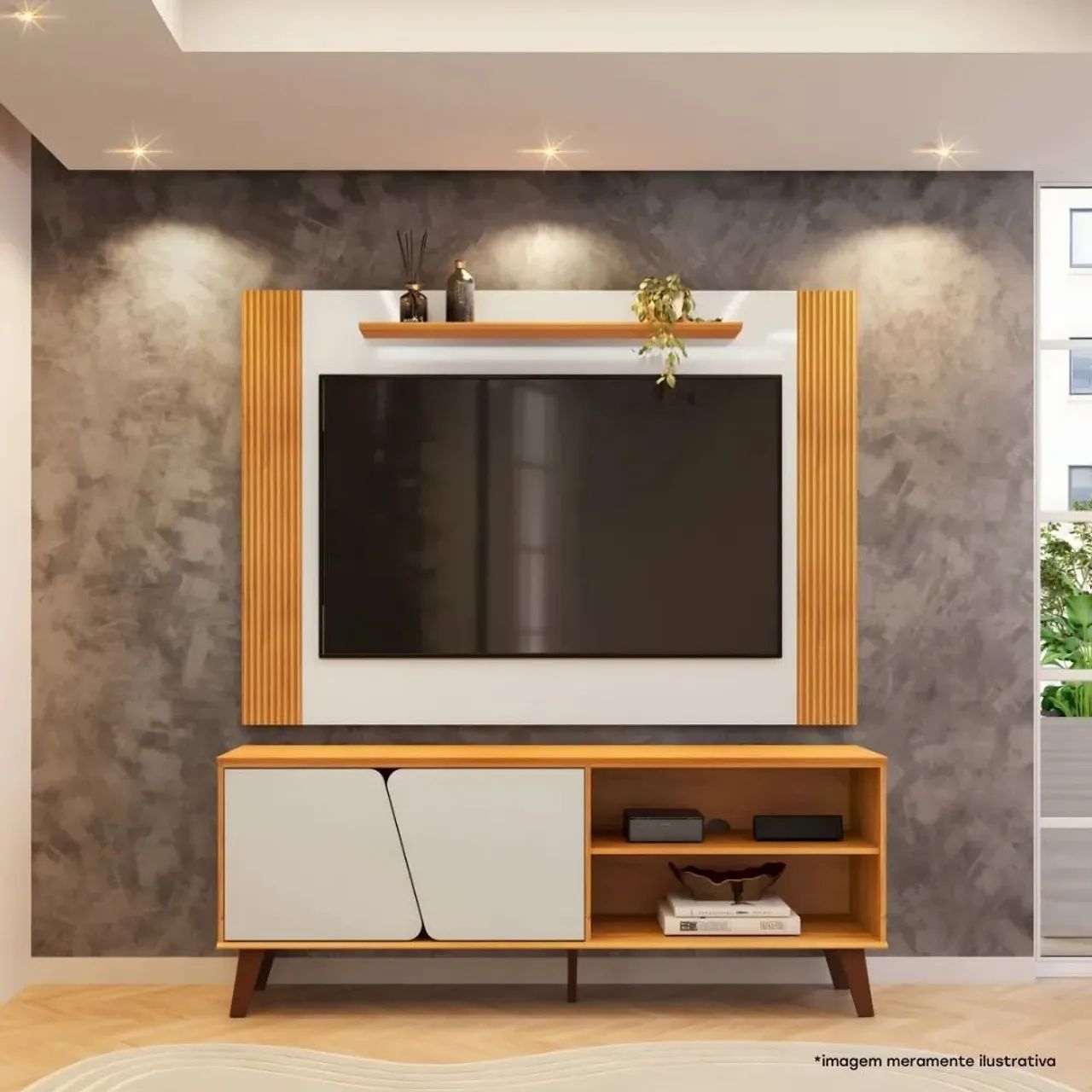 Rack e Painel Com Detalhe Ripado Dj Mark para TV até 65 Polegadas Cedro / Bali<br>