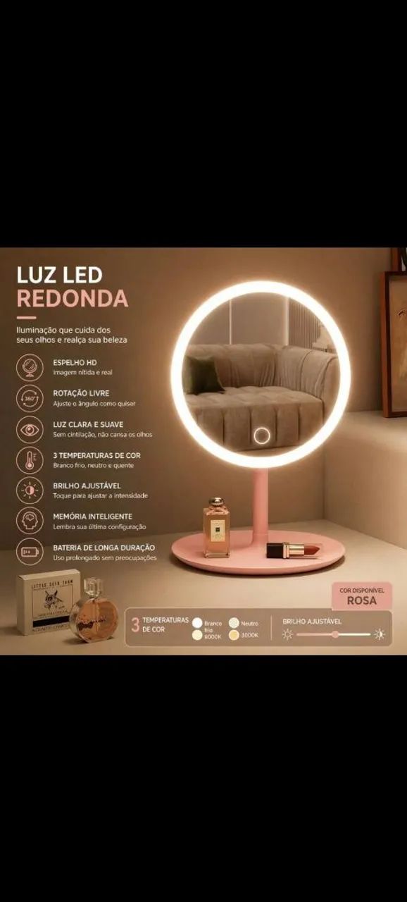 Espelho de Mesa LED Touch - Rosa Recarregável USB - Foto 4