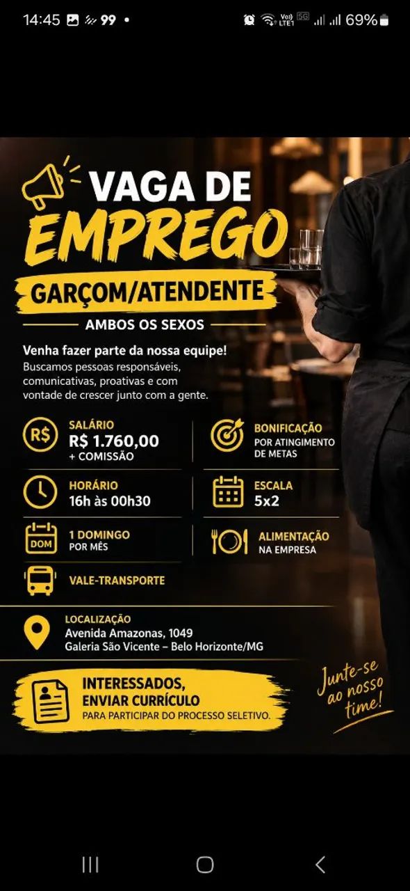 VAGA PARA ATENTENDE FIXO EM RESTAURANTE 