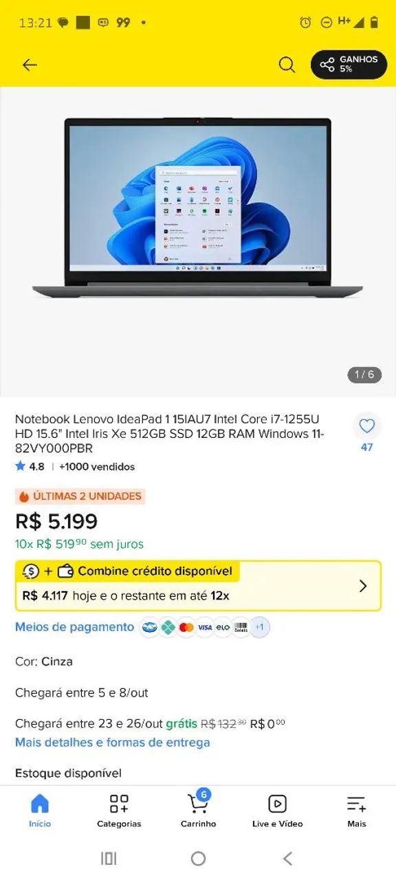Notebook IdeaPad i7 12 geração novinho. 512SSD - Foto 2