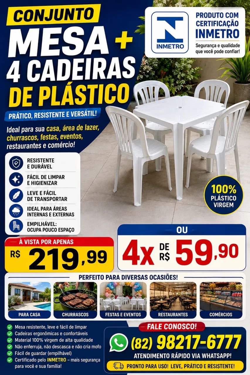 Conjunto Mesa + 4 Cadeiras de Plástico ? INMETRO