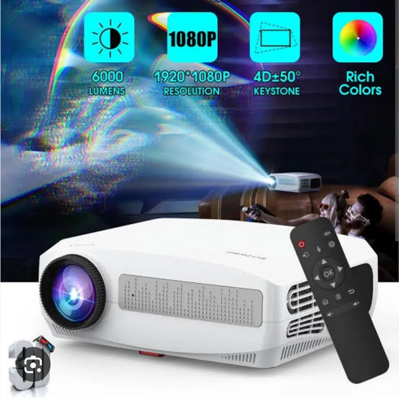 Projetor Full HD 1080P 6000 Lumens com Tela de Projeção