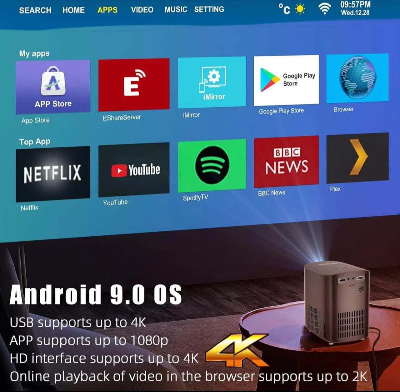 Projetor Byintek X20 (Portátil, Android 9.0, Inteligente)64396663451011122