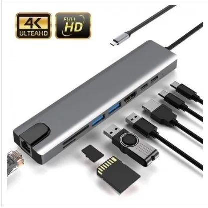 Hub Usb-c 8 Em 1 (hdmi, Usb 3.0, Usb-c Rj-45, Sd, Micro Sd)