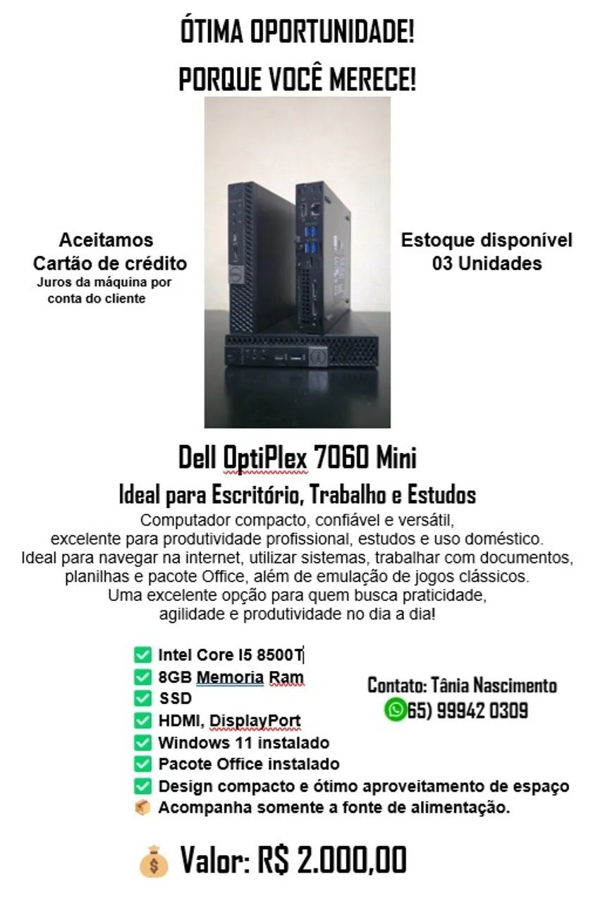 Dell OptiPlex 7060 Mini   Ideal para Escritório, Trabalho e Estudos
