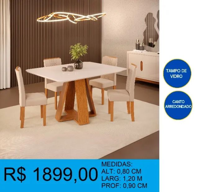 MESA DE JANTAR COM TAMPO DE VIDRO - PARCELAMOS SEM JUROS