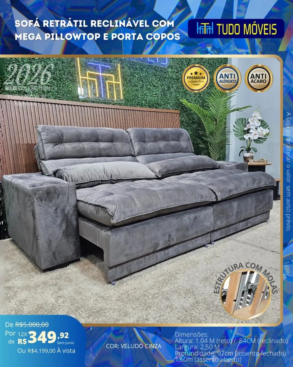 SOFÁ RETRÁTIL E RECLINÁVEL COM PILLOWTOP E PORTA COPOS. - Foto 2