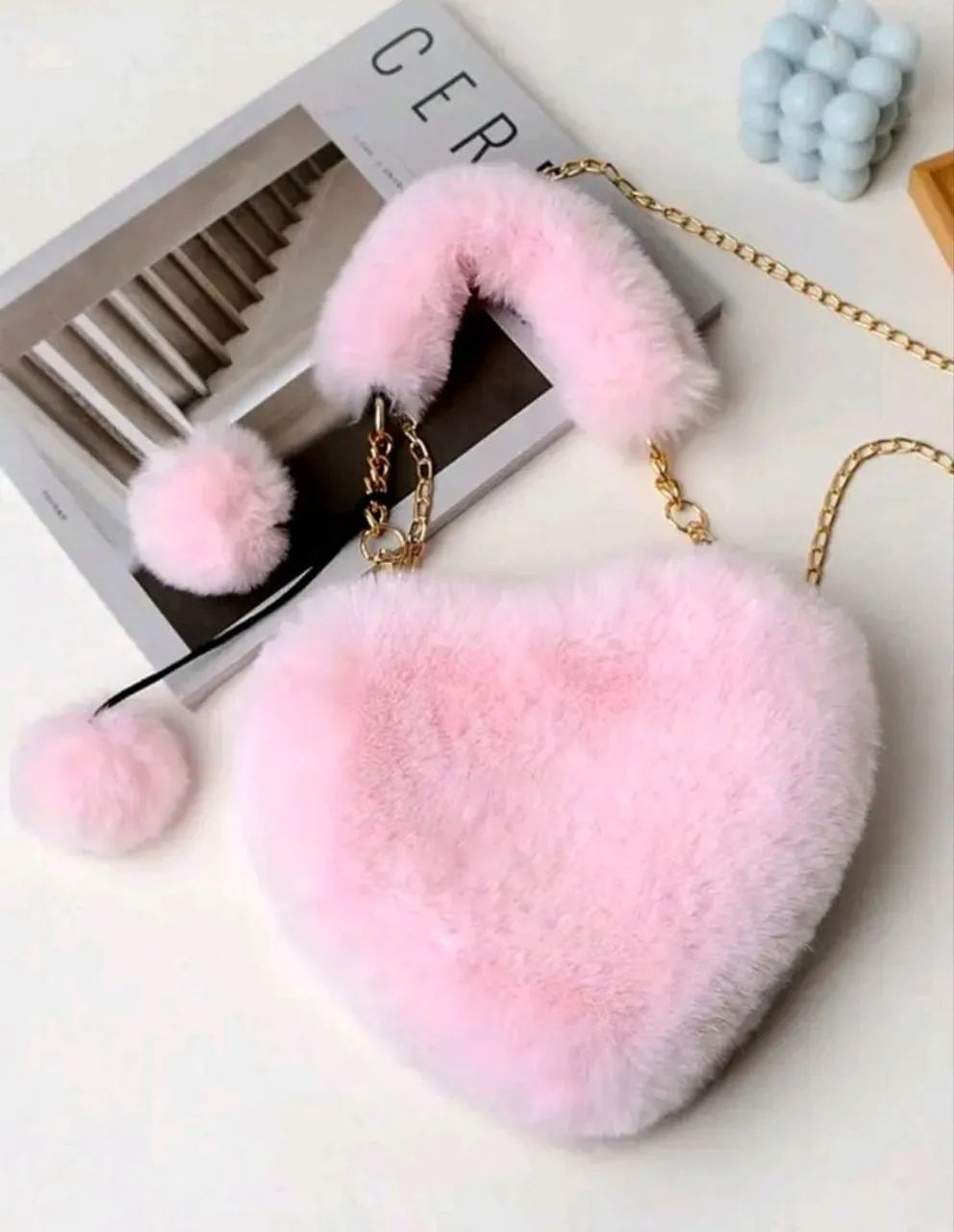 BOLSA FEMININA PELÚCIA CORAÇÃO ROSA - Foto 3